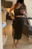I'm always excited to do reviews to help other shoppers. So thank you to everyone who has taken the time to do them.
So. This dress. I'm 5'9 170 ish. The large has about an inch too much space side to side, but you can tie it up with the extra material over the front and it's ok. The boob part- is the reason I could not do a medium. Almost have some underboob coming out so I'm going to get some stickies and some fashion tape and see what I can do. Overall for 50$ it a nice, classy dress. My husband said he liked the asymmetrical design so I'm going to keep it. I took pictures I hope they are helpful to you! - Britton P.