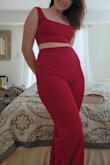 Super comfortable 2 piece that I am excited to wear in separates as well! Love the color, I surprised myself with how much I enjoyed the bright Las Vegas esque red. The pants have a zipper in the back that can get caught so I have needed help getting out of them on a few occasions. - Jill K.