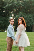 I'm on the curvier side (very pear-shaped!) and had a specific vision for the kind of dress I was hoping to find for our recent engagement photos. I tried on several dresses, and by far this was my favorite! It was fitted and structured enough in the bust so I didn't have to wear a bra and worry about weird lines or having to constantly adjust, and the length was PERFECT to keep it from feeling too ballgown-ish/being unflattering in photos. It transitions really well between dressy and more casual (see photos!) and I'm obsessed with the poofy sleeves. I did try on a large, which fit, but ended up on the XL so I knew I'd not be worried about any pulling or stretching while I moved around. The material is a little bit itchy, but not uncomfortable so. Absolutely recommend! - Katy N.