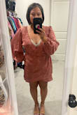 The material and dress is beautiful, but the top was off for me. It would have to be altered, tucked/pinched at the shoulders, to fit, but then it would be too short. I'm only 5'1, so it's short to begin with, which is why I liked it and one of the reasons I ordered it, based on other reviews. I'm not sure if the top would fit better or worse on others that are heavy on top. I'm only a 38B-C. Maybe it would fit perfectly on someone with a longer torso. I really wish this dress fit, because it's truly beautiful. - Jamie W.