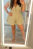 This romper fits true to size, looks great. However, the buttons come off very easily and sadly it doesn't come with extra ones. I love worn it twice and I have 3 buttons missing :( - Lily R.