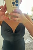 Cute in the pics online but not as much in person. Loved the price because it was on sale. Cheap material. Neckline droops extra low, even when you have the chest to fill it out or readjust the way it lays. (See pic) Fits in the hips great, which is why I probably couldn't get a smaller size, and the length is fine. I will have to wear 3-4" heels, but I was planning on doing so anyway. The slit is perfect- not too high and not too low- hitting above the knee like in the online picture. Wouldn't recommend this specific dress but I'm going to have to make it work for the upcoming wedding I'm in. - Brooke B.