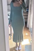Love the color and feel of this dress. soooo stretchy so if you want a fitted look I'd size down. Shows all your curves (good and bad lol). It's beautiful and neutral and just perfect for fall. - Marline K.