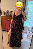 I fell like this looks better in pictures than it does in person, but it's still quite beautiful either way. It fits like a dream and hugs in all the right places. I wish the slit was a bit higher. It is probably more flattering on someone taller based on where the skirts start to flare. - April D.