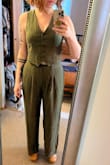 I really love this outfit! The fit is so flattering and the material is super soft, light, and breathable. I got this for a green-themed pre-wedding cocktail party in Texas and it couldn't be more perfect. I'm not usually a dress person so I was really happy to find something like this. The only issue is I will probably need to hem the pants about an inch because my legs are a bit on the shorter side. The fit is also slightly snug for a medium, but not to the point of discomfort. Overall, this is a great outfit for a great price! - Katarina I.