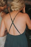 I wore this as a bridesmaid in my best friends wedding. I was beautiful and I received a lot of compliments on it! I had cups put in since you can't wear a bra. I am 5'5 and the length was perfect on me. I wore flats with the dress. Just a little long which I would prefer. - Candace R.