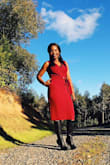 Beautiful dress! I love the color, the pockets,and the length is very appropriate.
However the dress shows way too much cleavage for  my comfort, I feel the need to wear a camisole. Regardless the purchase was worth it. - Auxilia C.