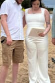 I loved this jumpsuit for my beach elopement! Not see through but I still wore a bodysuit under it, Fits true to size and the material is not cheap! I am only 5'4 and without heels it would need to be altered but I didn't have to do that! - Emma R.