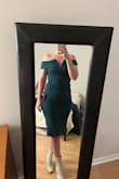Loved this midi length dress with a little pizzazz. The dress stays up really well despite being off shoulder. The V in the front is tasteful. - Mary M.