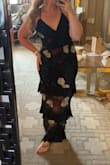 This fits great for thick & short girls! Does not require any tailoring, I wore very short heels with it. The tying on the back was great to tighten it up around a small chest. Very comfy. - Melanie S.