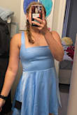 This is the cutest dress!! It has pockets, very comfy material, and it first my back which is relatively broad due to me being an athlete. The length works perfectly for my height. I got a large which I thought may be too big but for this style of dress it fits perfectly:) - Emma C.