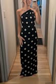 This dress is so flattering and so unique! I LOVE the back and the one shoulder scrunch detail. Perfect for my friend's rehearsal dinner! Slightly tight around my hips (I have a big butt) but I wouldn't go up in size because then it would be too big in my bust (I have a small bust). Also, the polka dots are more ivory than white which I love! - Kayla S.