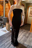 Loved this dress! The length was a tad longer on the left side than the right, and it made the lace lay awkward at the bottom. I did not have time to get it fixed before my event or I would have worn it. Beautiful dress and fit like a glove. Only pic I had of it - Melissa M.