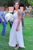 This was only the second dress that I ordered online and tried. At first, I really wasn't sure if I would like it and maybe it would be too much for me, so I only ordered it in one size. I also looked at all the reviews with pictures and it looked beautiful on all body types! I originally got this in a medium only, and fell in love with it! I exchanged it for a large and it fit much better around the waist and with the body suit. I did get it taken in to get alterations. I had some of the length taken off of the bottom, a few inches. and all other alterations were with the bust and straps. Like I said the waist was perfect but then the bust was too large when I sized up. The color of the body suit matched my skin so well that you couldn't tell it was a body suit at all! I was also nervous that the leg slit was going to be too much and too high but it also did not end up being a problem. I was very comfortable all night long, I wore it for about 12 hours. Overall, I was very pleased with my dress! - Haley T.