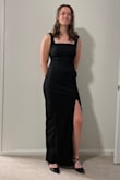 This dress fits great and it is pretty thick so I don't need to wear a bra which is nice. I was worried about the slit being too high because I am tall but it's not! Length is perfect for me with heels - Annie B.