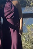 This is an absolutely gorgeous dress of great quality material. The color purple is just as pictured in the image. 

I am 5 feet tall, 120 lbs. I had the dress hemmed. It fit perfectly afterward. - Lucy B.