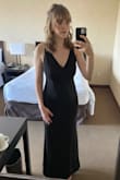 This was the perfect black dress for my best friend's wedding in Banff! It's got a really nice stretch to the fabric, which I wasn't expecting. I did sew some cups into the lining (breast feeding mom). The v in the front was the perfect length. The whole dress was the perfect length for me too, being 5'10". I normally need the waist taken in a bit but didn't need to with this dress. Can easily be dressed down or way up. Will definitely be wearing this dress again!! - Alexandra C.