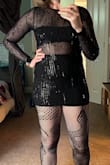 While I like the quality of the dress-lightweight but sturdy mesh, great quality sequins- it is SO short that I couldn't even get it to cover my spandex shorts. I'm 5'9 but have a shorter torso, and this was still way too short. I can't even imagine this fitting someone who is 5'4 or taller. This needs to be like at least 3 inches longer.
Other important notes: the liners (bandeau and skirt) are ONLY attached at the side seams, so it takes some adjusting, particularly in the boob area. - Julie C.
