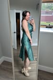 I got so many compliments on this dress! It was very flattering and I appreciated the adjustable straps. Also comfortable!! 

The slit was a little high on me, but because the dress was snug at my hips I didn't have to worry much about flashing anybody. - Laurel J.