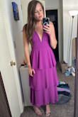 I was very hesitant about this dress thinking that the tiered look would make me look frumpy. However, I think it looked so good. It was comfortable, the color was beautiful, and I got so many compliments. I read reviews before purchasing and I ordered a medium instead of a small. It fits great. - Lyndsey C.