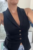 I love this top, but between the top and bottom both being open, it feels like it's maybe missing one more button. Sexy and stylish! - JULIE C.