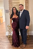 Dress is of great quality. Has a little bit of a stretch to it. If you are in between sizes, I would suggest to size down. I wore it with 3" heels and the dress hit the floor perfectly. The color is a nice plum. A bit more maroon than purple. - Lea D.