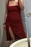 I like the size of the slit (although it does go up pretty high so need to be careful), the ruched part of the dress, and the material. I liked the square neckline, but the straps are a little long so the fabric over the chest weren't as tight as they should be and isn't as flattering over the chest. The rust color of the dress was more red than shown in the photos. - Madison D.