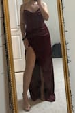 I usually don't like how cowl neck dresses look on me, but this one looked so good! The color is great and I really liked the slit size and the ruching. - Madison D.