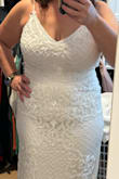 This dress is absolutely stunning. The fit is perfect. It wasn't the vibe I wanted for my beach vow renewal, but the beading is gorgeous and the train is beautiful! It looks so expensive! - Dina S.