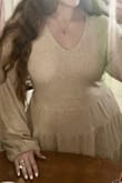 I ordered this dress in a large looking for cute fall outfits. This dress was super cute! It has an elastic waistband that fits comfortably I did notice it got twisted inside so we just need to flatten it out all around. It's a thick material and not super thin. It feels very high-quality and very soft and comfortable comes down to about mid thigh/just above the knees, ultimately, I ended up returning it because I thought the beige color washed me out might re-order in a different color. - Hannah A.