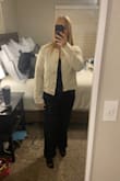 I LOVED this jacket!!! I tried it with a white long sleeve underneath and it's so chic and cute. With just the tank top (in my picture) it was kind of itchy. I think this would be so cute for my work Christmas party. With the long sleeve and jacket, it was kind of warm. Living in AZ, I just didn't see myself wearing it too much. The shoulders were a bit constricting as well. Beautiful details though and well made! - Madysen W.