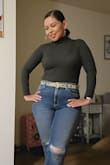 I love this bodysuit. Perfect for the fall weather. The only downfall is the buttons on the bottom don't stick, but you can tuck in like a normal shirt. - Yeni G.