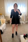 I sized down to a large based on what the other reviewers said and I'm glad I did since it's pretty stretchy. It's extremely comfortable and the fabric is a perfect midweight. I didn't have any issues with the buttons gaping, but I think next time I'll wear a half slip so it doesn't look quite so short. The fact that the skirt flares out like it does makes it so flattering! - Kate A.