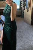 I love high neck dresses and the gathering at the waist helps flatter my postpartum body but I still don't feel awesome in this dress. The color is amazing and the thigh slit is perfect but I think the waist area makes me look bulkier than I am. - Malory H.