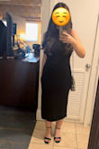I wore this to a wedding at ~6 months pregnant. It fit great and hugged my curves and bump in all the right places. Non pregnant I likely still would have ordered a Medium or gotten a small to be a little tighter. The halter fit just right and there was no awkward side boob. Only small complaint is the tag in the back kept flipping out so I had to cut it (but not a make it or break it thing). Slit also came up high but wasn't too high that it was awkward. - Shelby H.