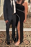Such a beautiful and elegant dress. Very comfortable! I got a size medium and it fit great! It wasn't sliding down at all even after dancing the whole night. Paired it beautifully with the heels: Makenna Silver Rhinestone Strappy Ankle Strap Low Heel Sandals. Overall, great wedding guest dress! - Odalis V.