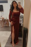 This dress is very comfortable and hugs all your curves in the right places. I wanted a dress that was long sleeve and classy yet still very sexy and this dress checked all the boxes. The neckline shows a little cleavage, the back has a peekaboo, and the slit is very sexy!  I wore this for my engagement pictures and it did not disappoint! Buy this dress! - Jessica M.