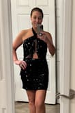 Love! Perfect fit. Stretchy material. The top will need some fashion tape to hold {the dress} in place. Overall pleased. - Adecia P.
