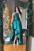 I purchased this dress for a NYE party and I legit can't wait to wear it. The green is SO beautiful in person. I took a picture when I tried it on and everyone I sent it to fell in love and showed it to other people lol. I'm so excited to wear this. The length is perfect with heels, it's a tad tight but wouldn't have changed my size. Highly recommend! - Jenna C.