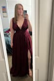 I LOVED the material of this dress and it fit beautifully everywhere but the chest and shoulders. There is not enough support for bigger breasts. I was wearing a sticky bra in the images, but I didn't feel comfortable enough in it to wear as is and would've had to get mesh put in the sides and get the shoulders taken up. It would be one thing to have only the deep V in the front, but with the sides cut just as low it was impossible to get enough coverage/support, so I had to return. It also is quite long (I'm 5'8') and would require tall heels or a hem adjustment. - Rachel R.