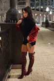 These boots are so sexy!! Classy!! Beautiful color!! Different heel!! One of a kind!! Every women needs these boots. I wore them for new years eve. The color is vibrant. They are comfortable for heels. They are kind of hard to take off. You have to give them a good pull. I wish that they were available in more colors. I definitely recommend. - Kelsey K.