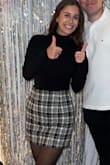 I wish I sized up on this cause there is noooo stretch to the material. It fits like a glove but there is no room to move around too much. It's still very cute! - Sophia T.