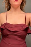 The straps are sewn crooked. There is a bustier top like sewing under the ruffle hem and one strap is sewn about an inch outside from the center of the left boob and the other is sewn one inch inside the center of the right boob. It also runs small, I purchased 4 dresses in my normal size large and the others fit perfectly but this one was tighter around the hips area. - Megan M.
