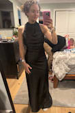 This dress is stunning! The collar is a little wonky and might take some adjusting, and you have to do slight acrobatics to get into the dress haha, but once it's settled correctly, it's really beautiful. The material feels high-end, and very flattering in the tummy area. Skims and smooths over the body. Can definitely go without a bra and feel comfortable and confident it won't slip. The back is perfectly done. Highly recommend! True to size. I'm 5'1 and I can get away with wearing 2-3in heels and not hemming bottom. Posting some low-quality pics for reference lol :P - Kassi D.