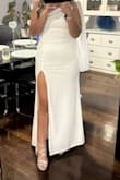I was really looking for a dress that would fit just right to my body type and also make me feel elegant for my intimate wedding. I had ordered two dresses, however, this dress fit perfect to my body. The material does stretch and the slit was perfect! The veil material on the dress gives it an amazing touch. I would recommend this dress in any color for any type of event. However, the white is perfect for elopements or intimate weddings. The zipper on the side does tend to get a bit stuck, however, it will zip up once you manage to maneuver it. It is not see through as the dress comes with double layer. - Marlen G.