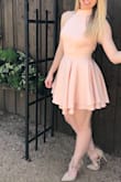 I workout and am muscular built and this dress fits perfect. I am wearing this to my masters graduation in July. I am sad that they bumped up the price $3 since December but ill live. I am super white and this dress still looks good on my skin color (getting a spray tan though for graduation). Dress is wrinkly in photo because i was trying it on out of the shipping box. - Blaire F.