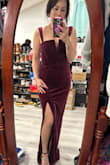 Ok the stretchiest velour on the planet it feels like a juicy couture velour tracksuit was made into a gown! Not hot or thick, it's medium-weight and crazy stretchy. I could sleep in this. It says fitted waist but I feel like I could eat a ton of food and I'd feel unconstrained. Lulu's sizing rec was a S and I'm thankful I didn't get a M bc the bust would be way too big for my small itties. The straps are so pretty love the shape, the slit isn't too high, and the color is just so gorgeous!! With some elbow length gloves, this is going to stunnnnn! - Jennifer L.