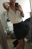 I wore this top with a black leather miniskirt. My only complaint is that I didn't have a good, comfortable bra that would not show in it. CVS was out of silicone coverups, so I used fashion tape to keep the top in place. I love how it looks and flows, though! Great top, just wish it stayed in place more! - Anna B.