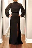 I love this style of dress, and it fits me perfectly even with my height, short torso, and small chest. The fabric is thick and the structure is flattering. It's very fitted in the waist and hips but doesn't accentuate problem areas. I have a lot of lumps and bumps in my midsection due to multiple surgeries and almost always wear shapewear but wouldn't need or want to with this. My issue was with the quality of the construction in certain areas. Directly out of the package, the edges of the slit had numerous frayed/loose strings. With a brand new dress, that wasn't on sale, I didn't want to risk cutting them down and the seams eventually coming undone. So sad because it's a gorgeous dress - Tiffany B.