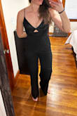I'm tall, athletic build, with an almost non-existent chest. lol 5'10, 160lbs. I purchased a large and medium, the medium fit best. It's definitely long enough in the legs! Straps are adjustable. Thick material. Love it. For shorter women, still buy this. The purpose of it running long is to hem it. It's a super nice material, hence they make it long on purpose. Because you can hem shorter, you can't hem longer. I see a lot of people on this website say something is too long, that's the idea, so you can tailor it! - Sheila W.